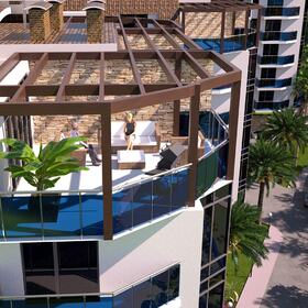 3D aerial rendering of an office building